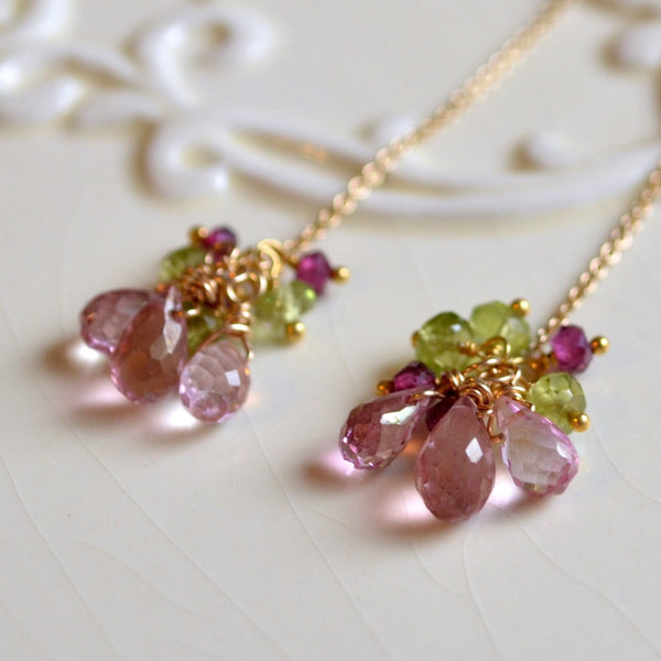 Gemstone Threader Earrings with Pink Topaz and Peridot Rhodolite