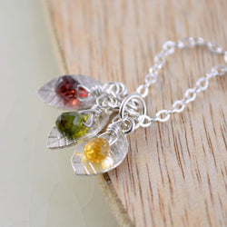 Family Necklace with Leaf Charms and Birthstones