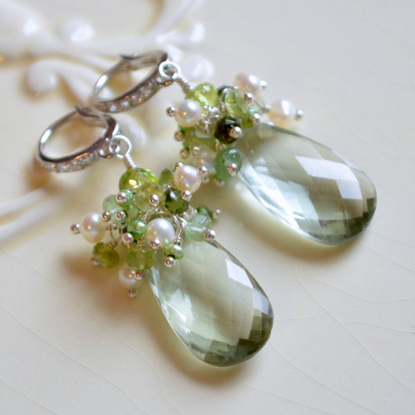 Green Amethyst Bridal Earrings with Peridot and Tourmaline - Spring Greens