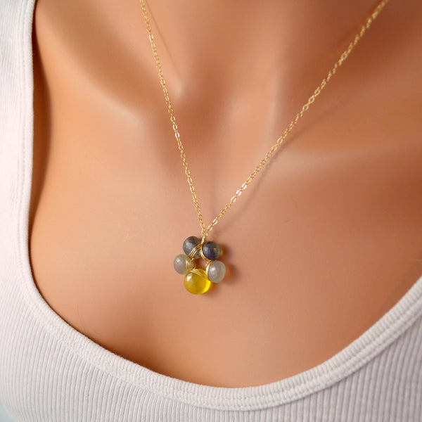 Flower Necklace Labradorite, Moonstone, and Chalcedony