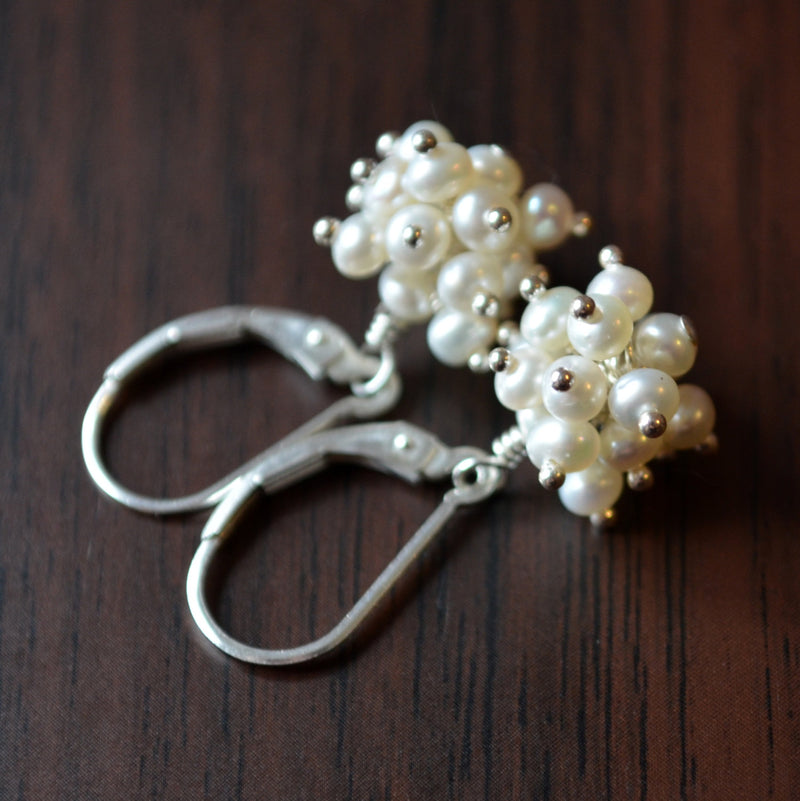 White Pearl Cluster Earrings in Sterling Silver- White Berries