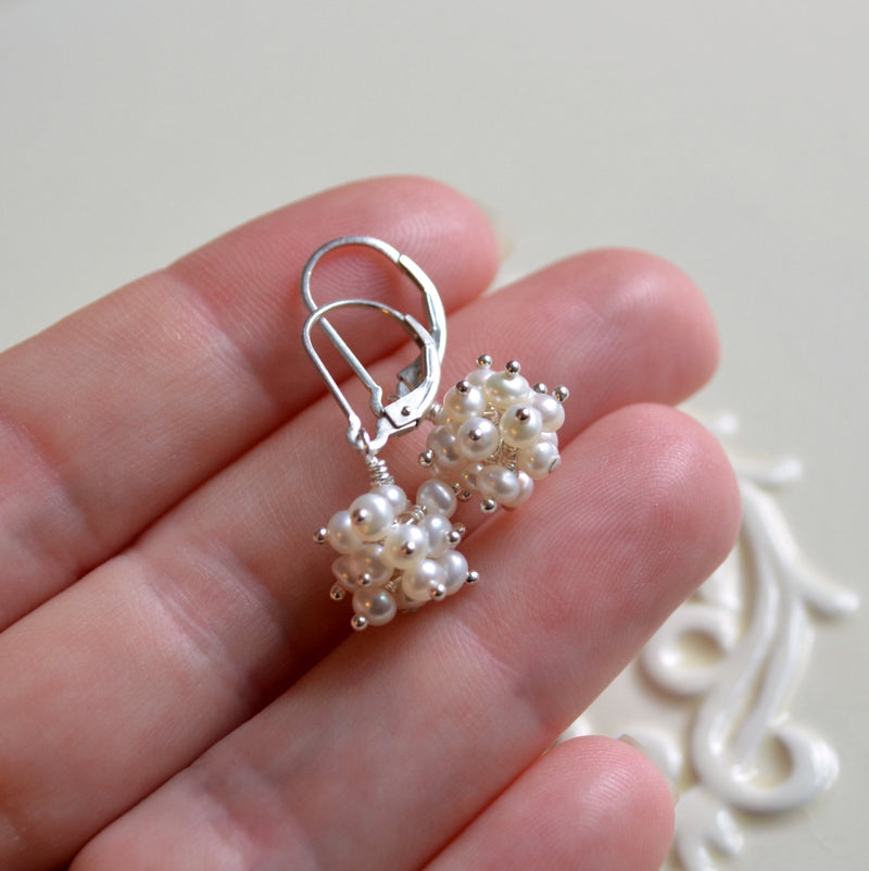 White Pearl Cluster Earrings in Sterling Silver- White Berries