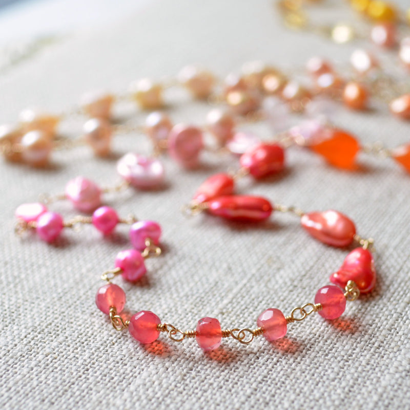 Long Coral Pink Orange and Yellow Necklace - Changing Sunrise