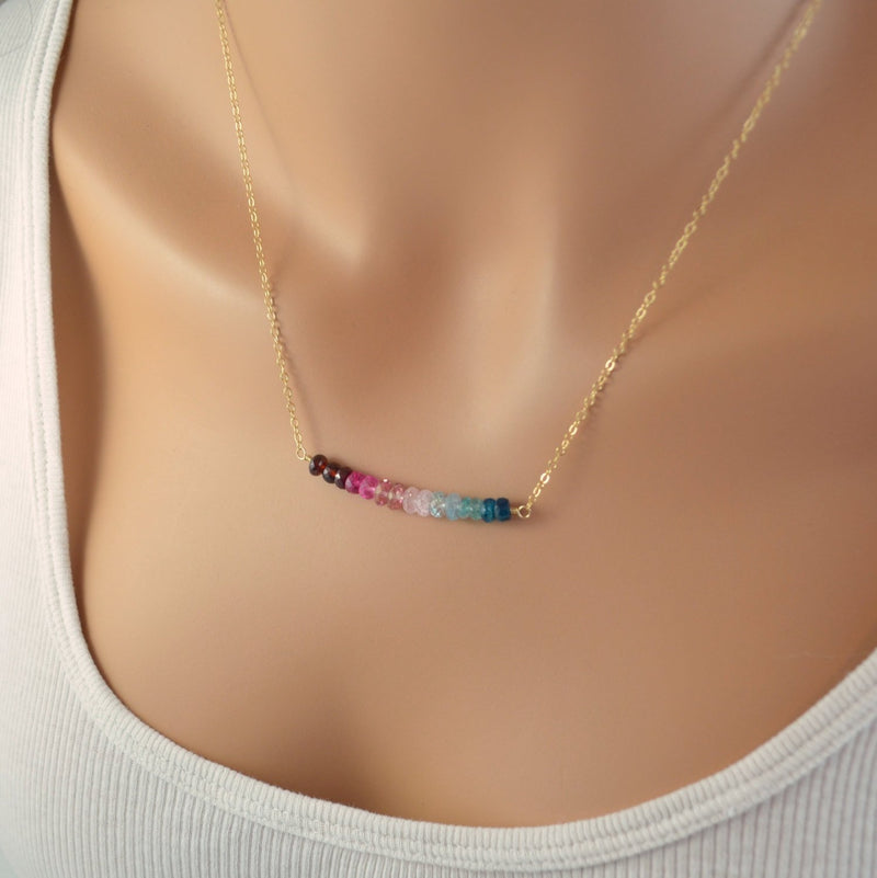 Gemstone Necklace in, Red Pink, Aqua, Garnet Ruby, Pink Topaz and Aquamarine