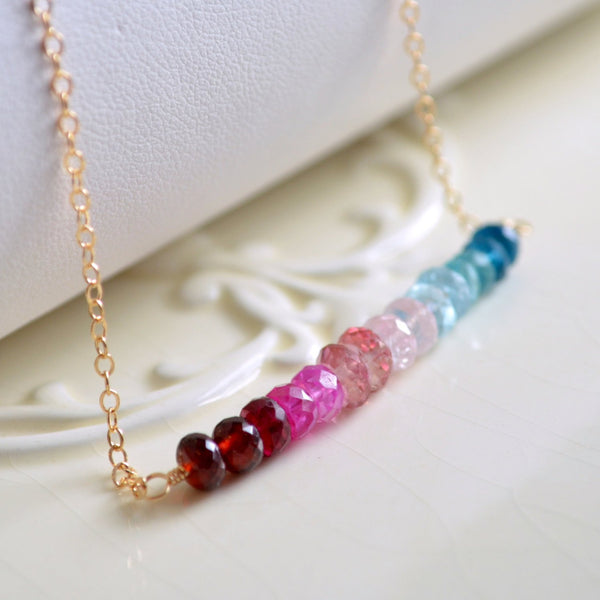 Gemstone Necklace in, Red Pink, Aqua, Garnet Ruby, Pink Topaz and Aquamarine