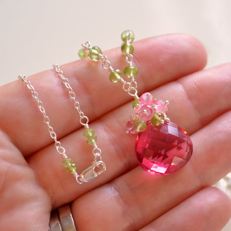 Peridot Necklace with a Coral Pink Gemstone Focal