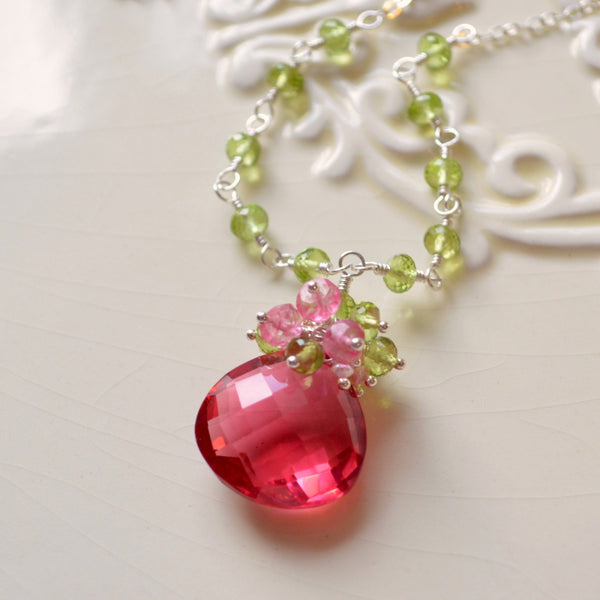 Peridot Necklace with a Coral Pink Gemstone Focal