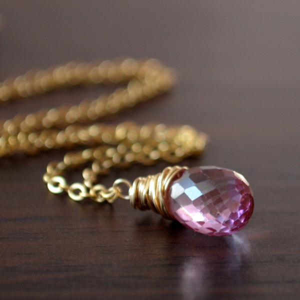 Real Pink Topaz Necklace, Wire Wrapped Pendant