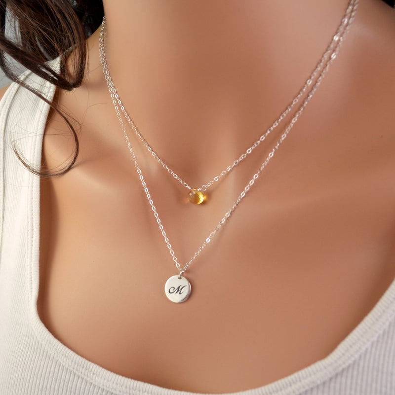 Layering Necklaces in Silver with Initial and Birthstone