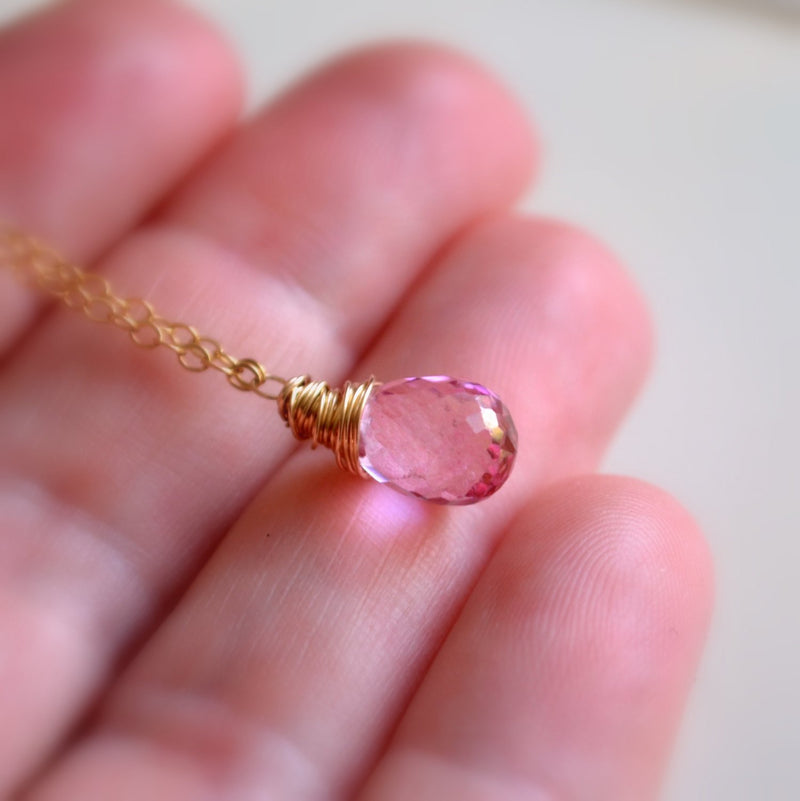 Real Pink Topaz Necklace, Wire Wrapped Pendant