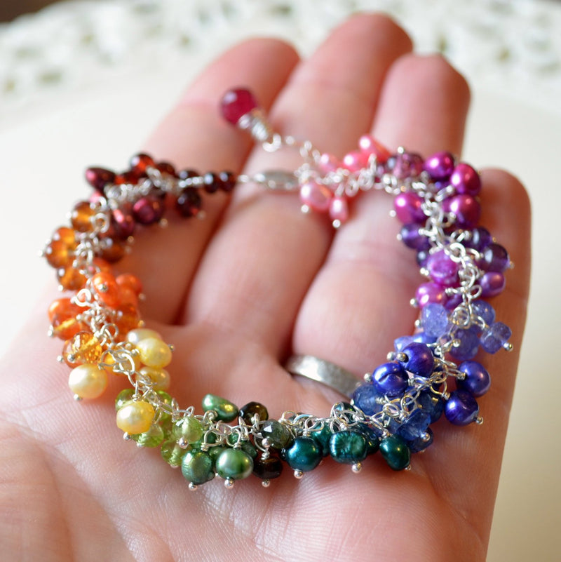 Bright Rainbow Bracelet with Freshwater Pearl and Gemstone Cluster Cuff