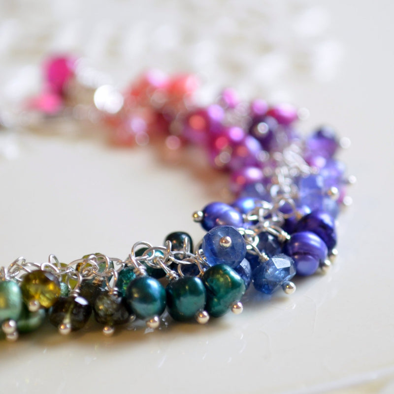 Bright Rainbow Bracelet with Freshwater Pearl and Gemstone Cluster Cuff