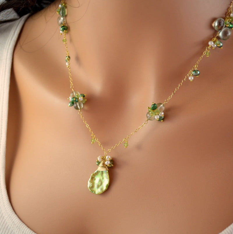 Green and White Gemstone and Pearl Necklace - Lily of the Valley