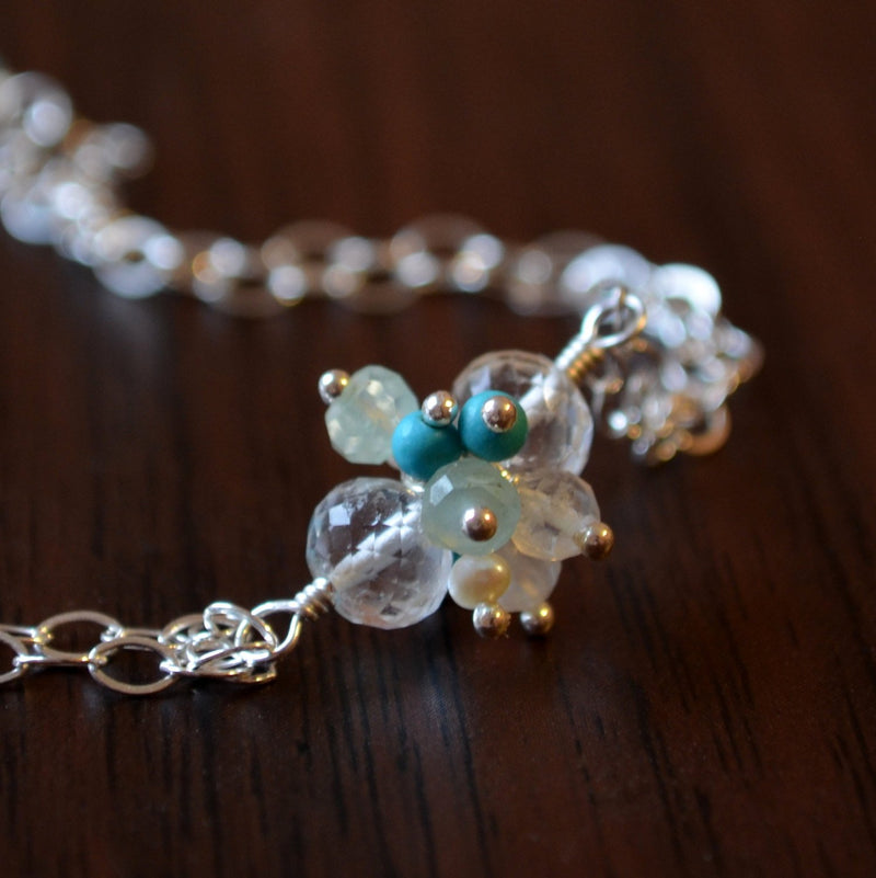 Crystal Quartz, Turquoise, Freshwater Pearl, Moonstone, and Chalcedony Cluster