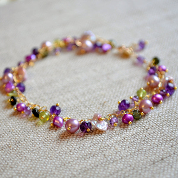 Delicate Cluster Bracelet with Amethysts and Pearls - Wisteria