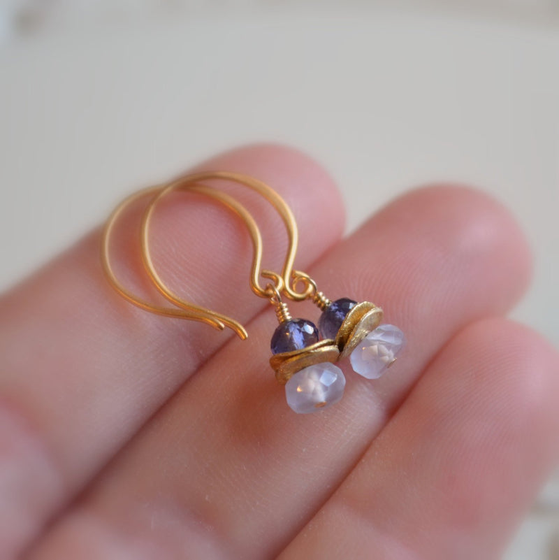 Gold Dangle Earrings, Lolite and Natural Chalcedony