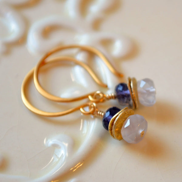 Gold Dangle Earrings, Lolite and Natural Chalcedony
