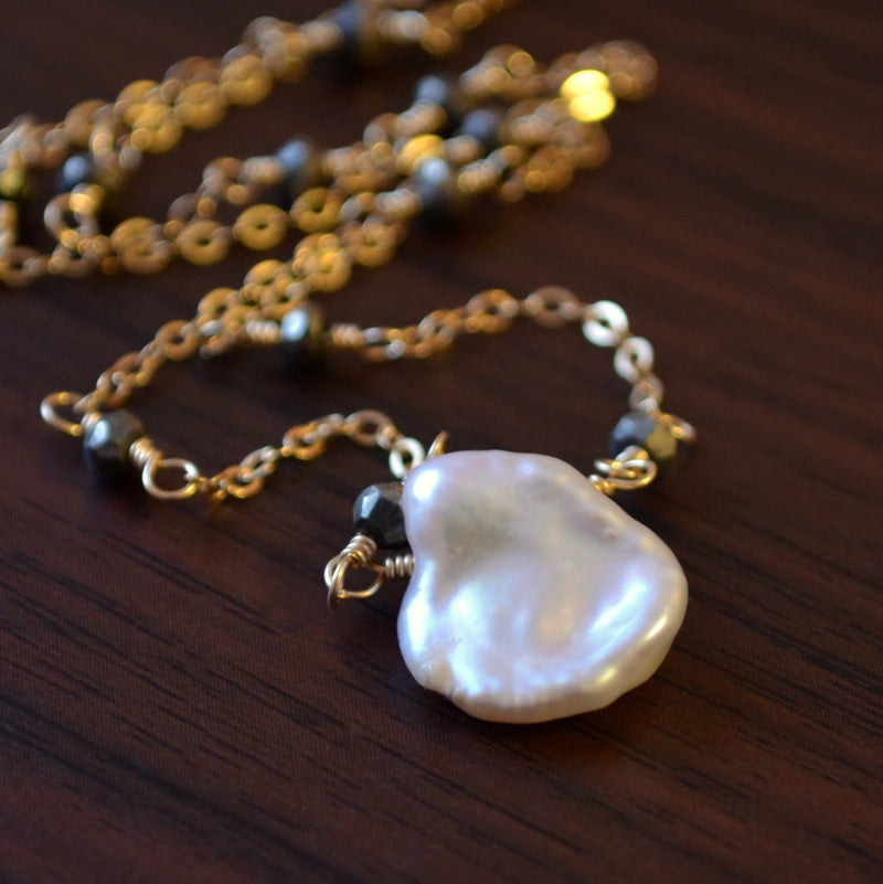 Keishi Pearl Necklace with Pyrite Chain and Real White Freshwater Pearl