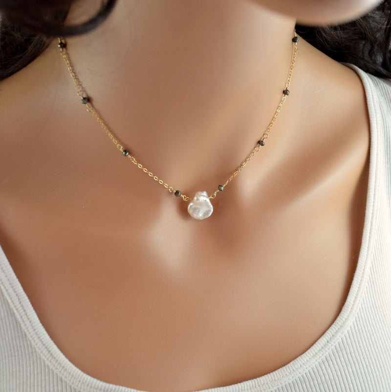 Keishi Pearl Necklace with Pyrite Chain and Real White Freshwater Pearl