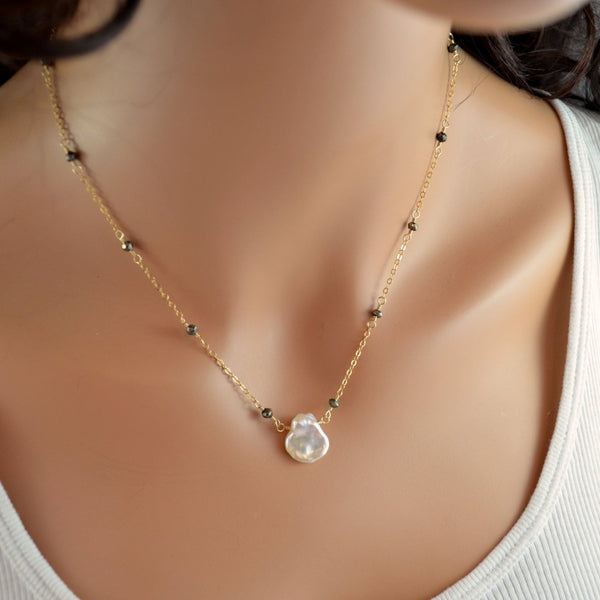 Keishi Pearl Necklace with Pyrite Chain and Real White Freshwater Pearl