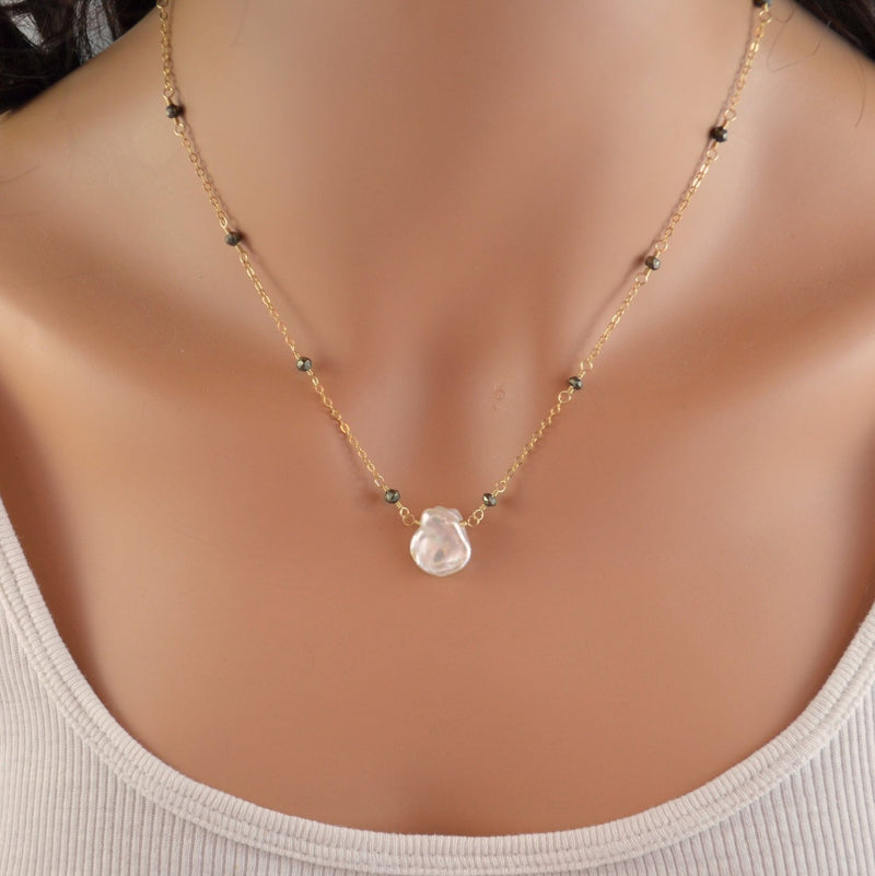 Keishi Pearl Necklace with Pyrite Chain and Real White Freshwater Pearl