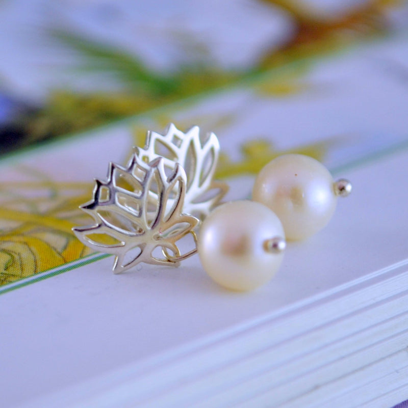 Real Pearl Dangle Earrings with Lotus Flower Posts