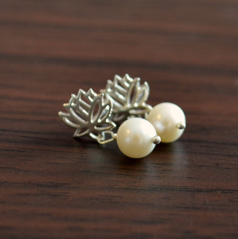 Real Pearl Dangle Earrings with Lotus Flower Posts