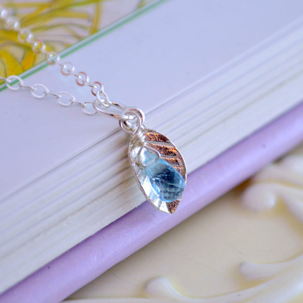 Leaf Necklace with Tiny Blue Topaz Gemstone