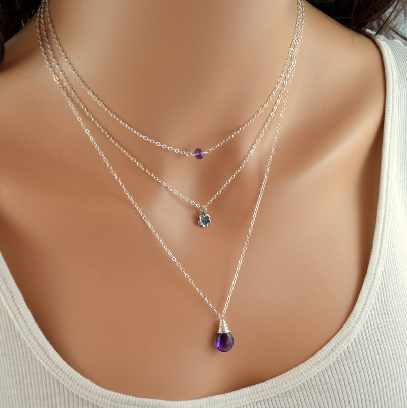 Real Amethyst Necklace, Sterling Silver Layering Set
