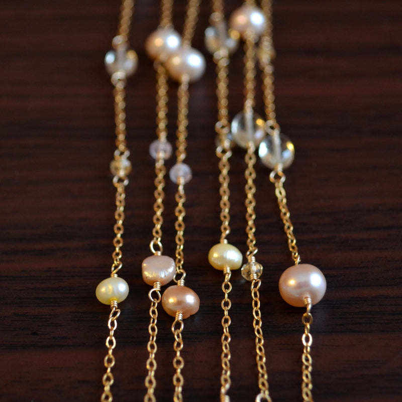 Long Gold Necklace with Pearls Scapolite and Citrine Gemstones - Pink Champagne