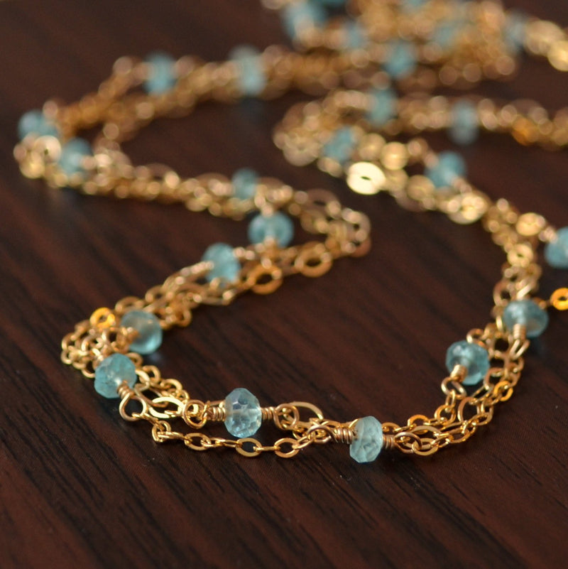 Apatite and Gold Necklace with Bright Aqua Gemstone