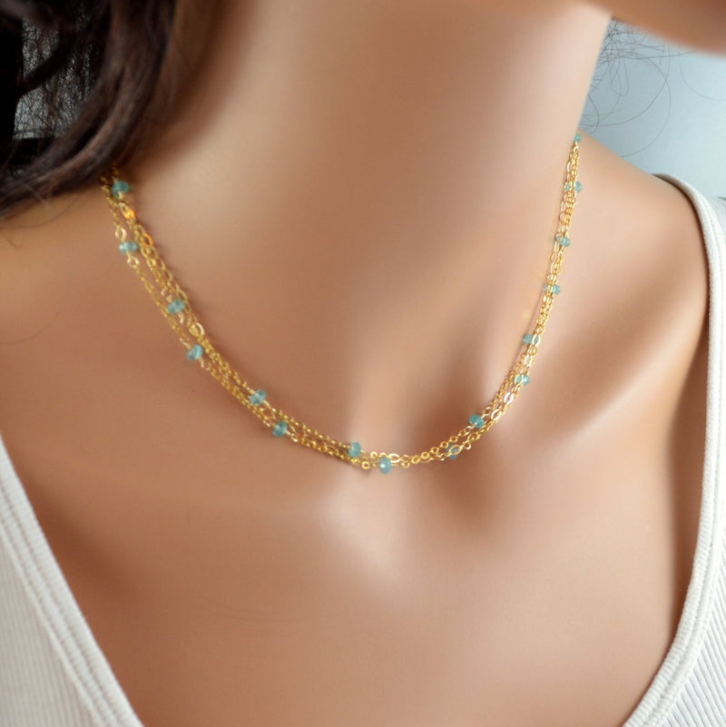 Apatite and Gold Necklace with Bright Aqua Gemstone