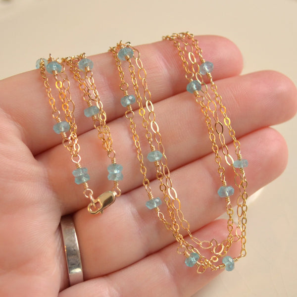 Apatite and Gold Necklace with Bright Aqua Gemstone