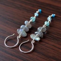 Long Labradorite Earrings with Aqua Apatite Gemstones