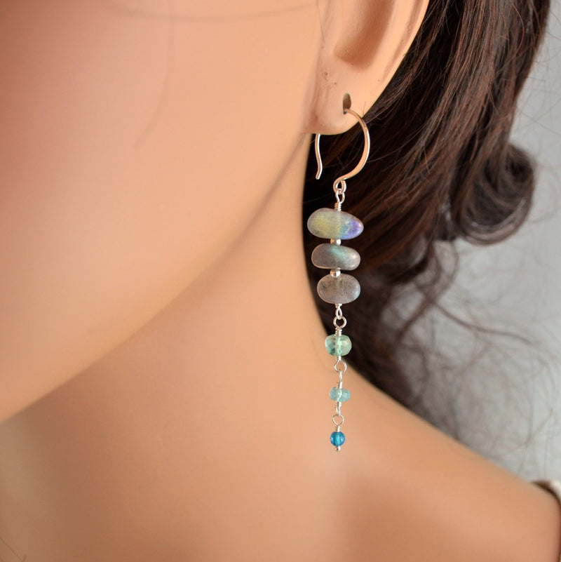 Long Labradorite Earrings with Aqua Apatite Gemstones