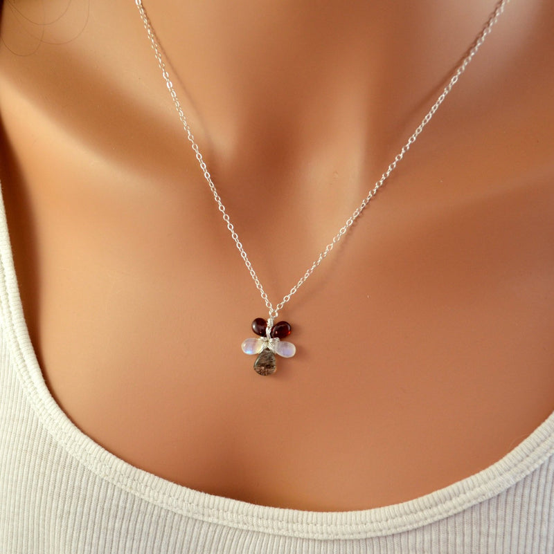 Gemstone Necklace with Garnet Moonstone and Black Tourmalinated Quartz