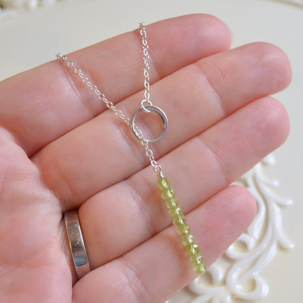 Simple Silver Lariat Necklace, Peridot Necklace