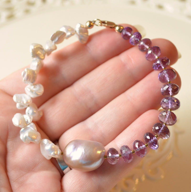 Real Amethyst Bracelet with Keishi Pearl