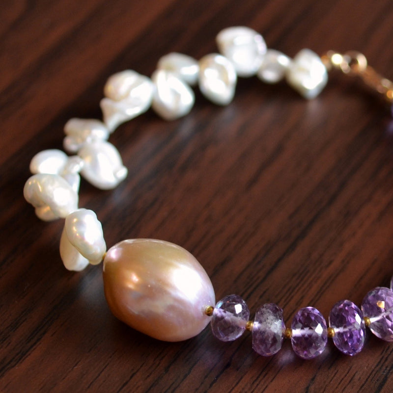 Real Amethyst Bracelet with Keishi Pearl