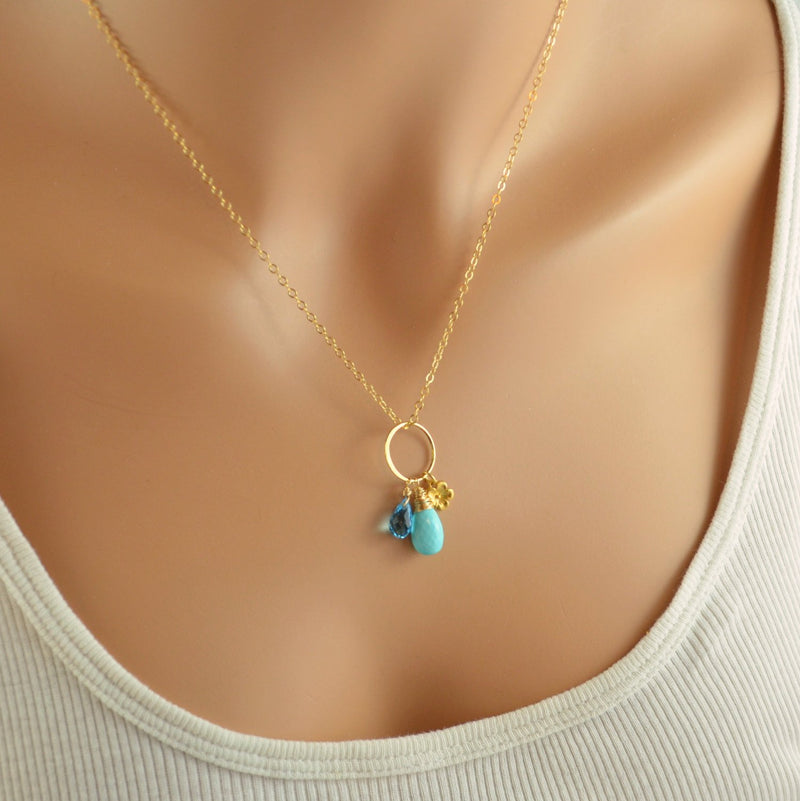 Real Turquoise Necklace with Gold Flower Charm and Swiss Blue Topaz