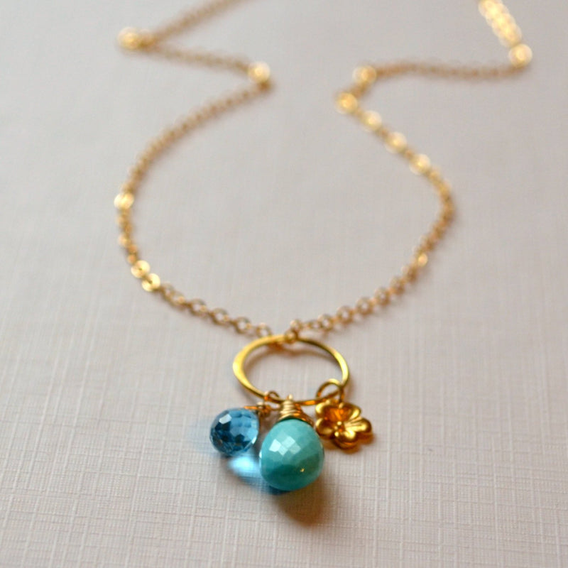 Real Turquoise Necklace with Gold Flower Charm and Swiss Blue Topaz