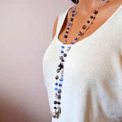 Blue Lariat Necklace with Gemstones and Pearls - Bohemian Winter