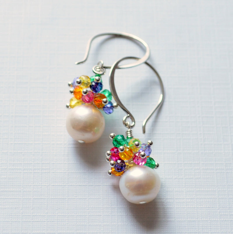 Real Pearl Earrings with Bright Gemstone Clusters - Sprinkles
