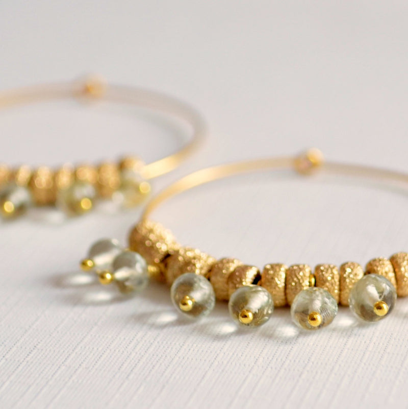 Gold Hoop Earrings with Green Amethyst Gemstones