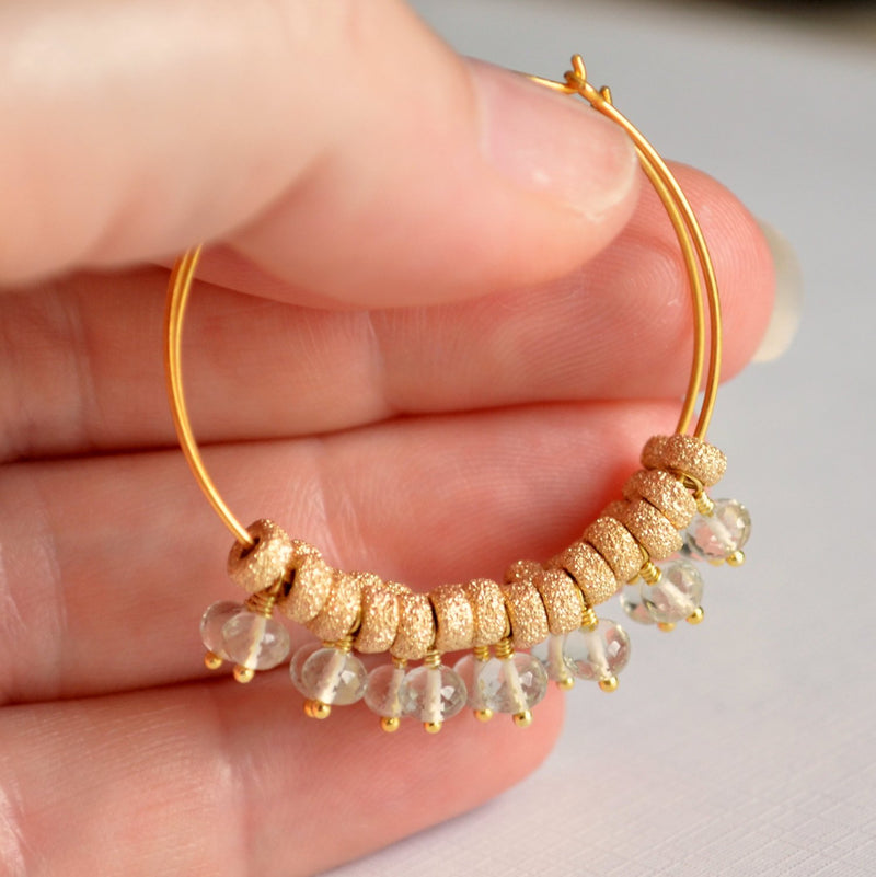 Gold Hoop Earrings with Green Amethyst Gemstones