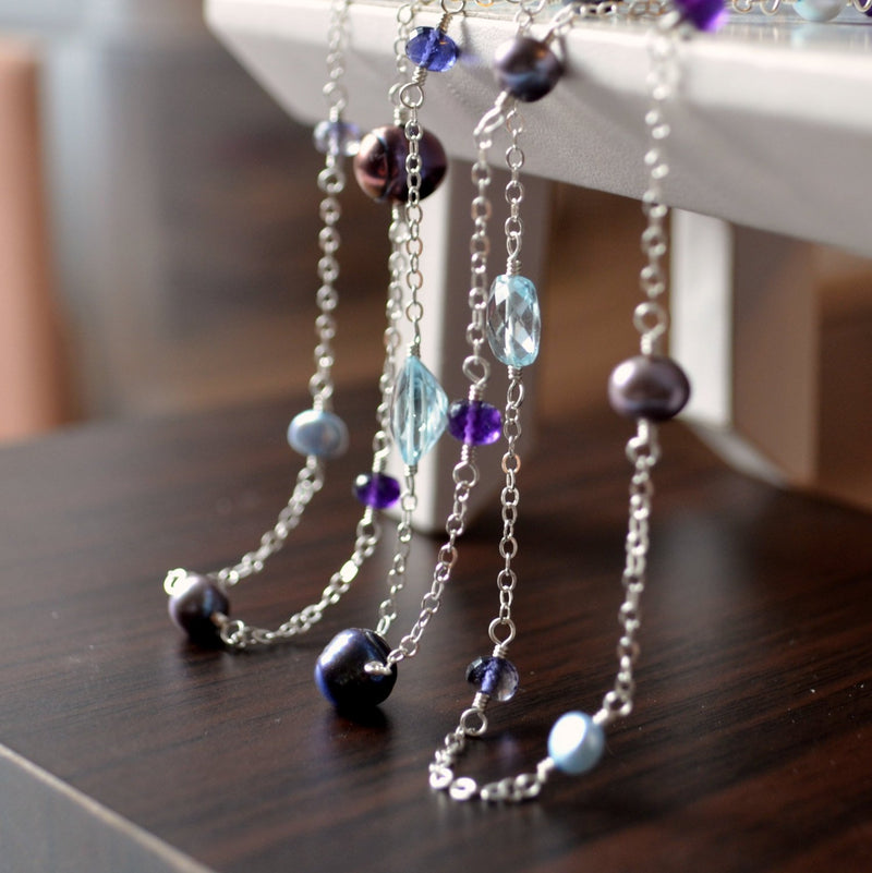 Long Silver Necklace with Blue Topaz Amethyst and Peacock Pearls - Silver Peacock