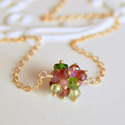Christmas Necklace with Real Garnet Ruby and Peridot Cluster