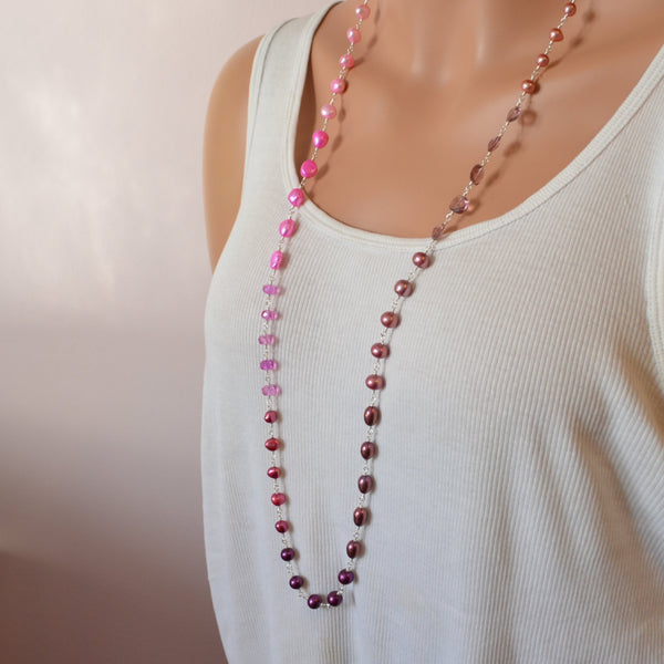 Long Pink Peach and Plum Necklace with Pearls and Gemstones - Summer Fruit