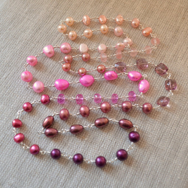 Long Pink Peach and Plum Necklace with Pearls and Gemstones - Summer Fruit