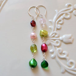 Christmas Earrings with Peridot Garnet Rose Quartz Pearl